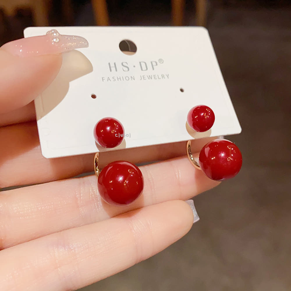 14K 더블 레드볼 투웨이귀걸이 빨간 진주 이어링 - 상세 이미지 3