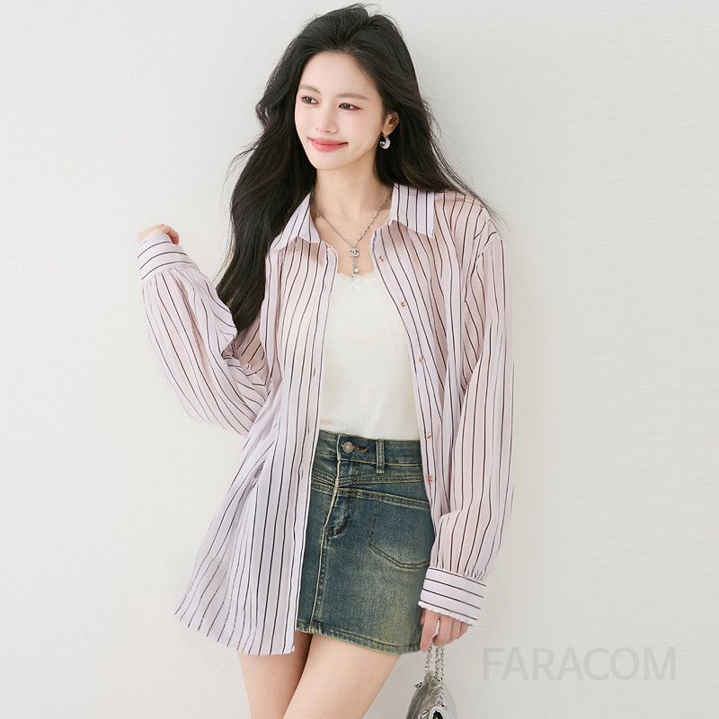 스트라이프 여성 셔츠 자켓 루즈핏 긴팔 캐주얼 라펠 디자인 가을용 구김없는 스타일리시한 데일리 아우터 - 상품 이미지