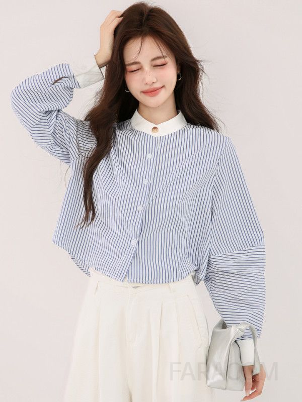 여성 스트라이프 긴팔셔츠 가을 데일리 캐주얼 스타일 라운드넥 프랑스 감성 상의 시원한 착용감 편안한 외출용 - 상세 이미지 4