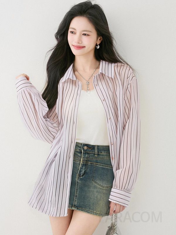 스트라이프 여성 셔츠 자켓 루즈핏 긴팔 캐주얼 라펠 디자인 가을용 구김없는 스타일리시한 데일리 아우터 - 상세 이미지 3