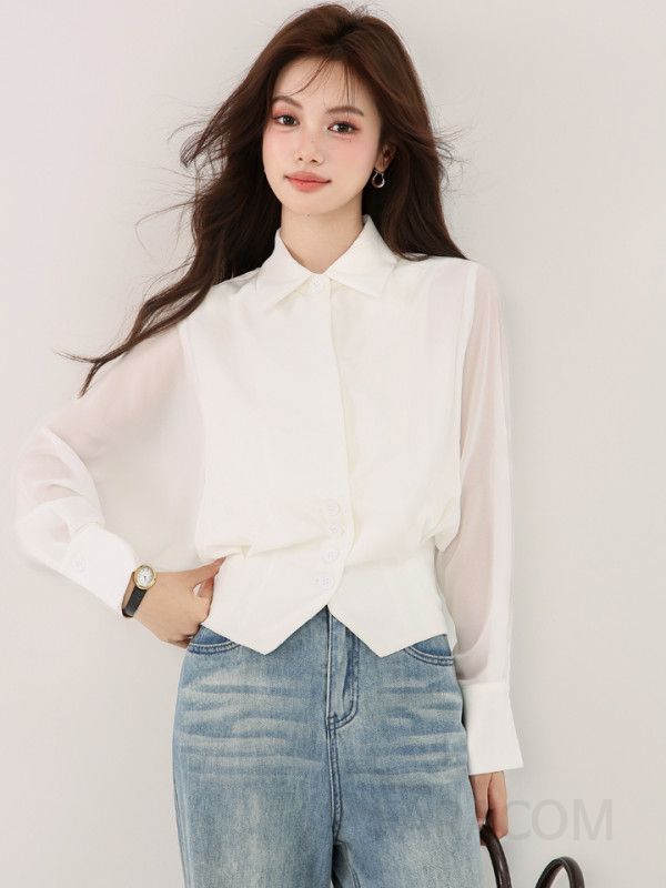 여성 프렌치 스티칭 셔츠 구김없는 긴팔 블라우스 하이엔드 디자인 배트 슬리브 스타일 데일리룩 가을 패션 - 상세 이미지 5