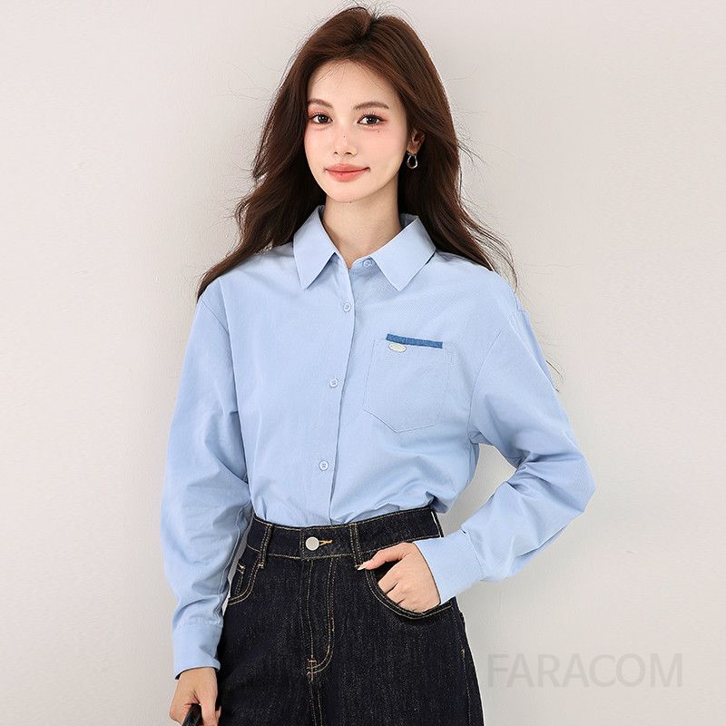 여성 순면 긴팔 캐주얼 셔츠 포켓 디자인 가을 오버핏 스타일 데일리 남방 편안한 착용감 심플한 컬러 매칭 - 상세 이미지 4