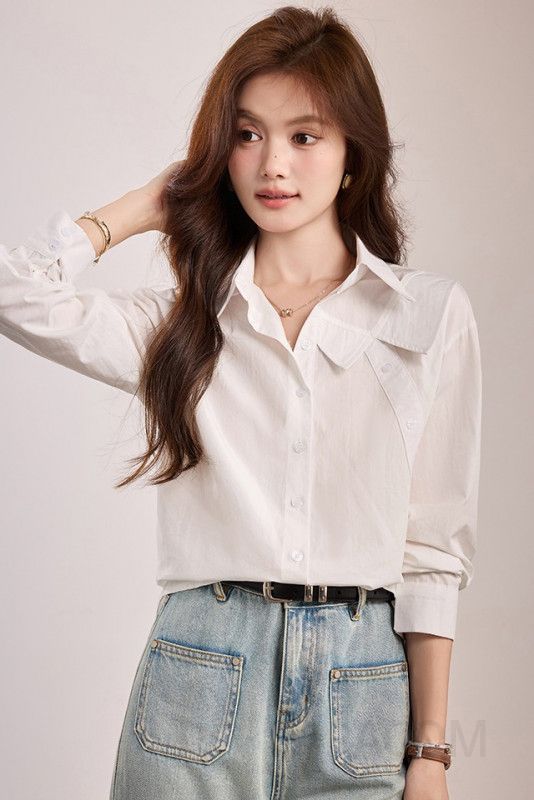 여성 코튼 긴팔 셔츠 화이트 캐주얼 오버핏 가을용 구김없는 디자인 데일리 착용감 편안한 스타일 - 상세 이미지 5