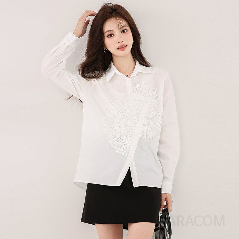 레이스 플라워 패턴 루즈핏 여성 가을 블라우스 캐주얼 스타일 불규칙한 디자인 출퇴근용 편안한 착용감 시크한 매력