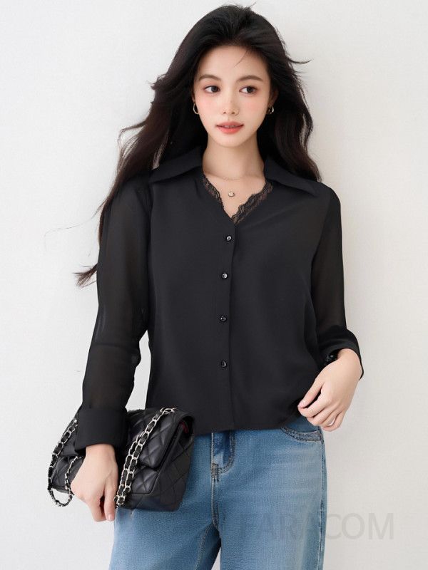 우아한 블랙 레이스 스티칭 여성용 루즈핏 긴팔 블라우스 가을 데일리 라운드넥 스타일 캐주얼한 착용감 고급스러운 레트로 디자인 - 상세 이미지 3