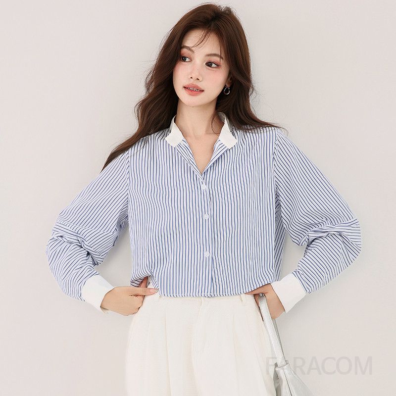 여성 스트라이프 긴팔셔츠 가을 데일리 캐주얼 스타일 라운드넥 프랑스 감성 상의 시원한 착용감 편안한 외출용 - 상품 이미지