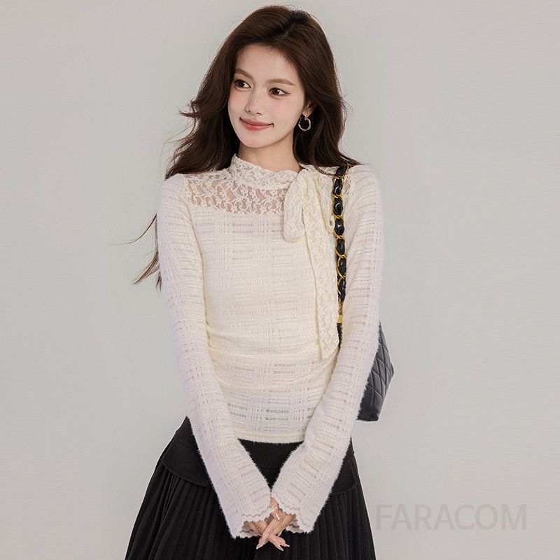 레이스 루즈핏 가을 블라우스 여성용 살구색 프린트 디자인 여성스러운 스타일 매력적인 데일리룩 시스루 포인트 상의