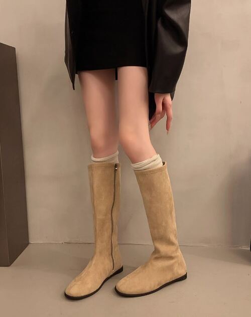 로랑 스웨이드 레더 라운드 낮은굽 사이드 지퍼 롱부츠 - 상세 이미지 5
