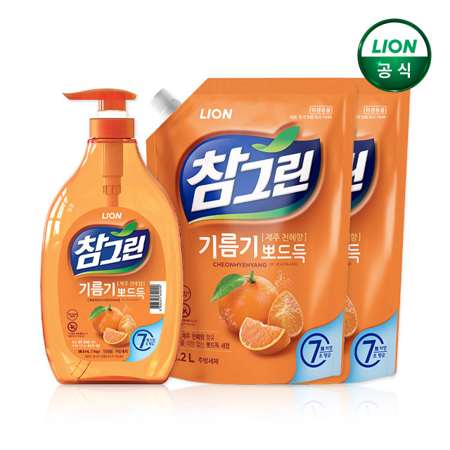 참그린 기름기뽀드득 천혜향 주방세제 1kg 본품+1.2L 리필x2개 - 상품 이미지