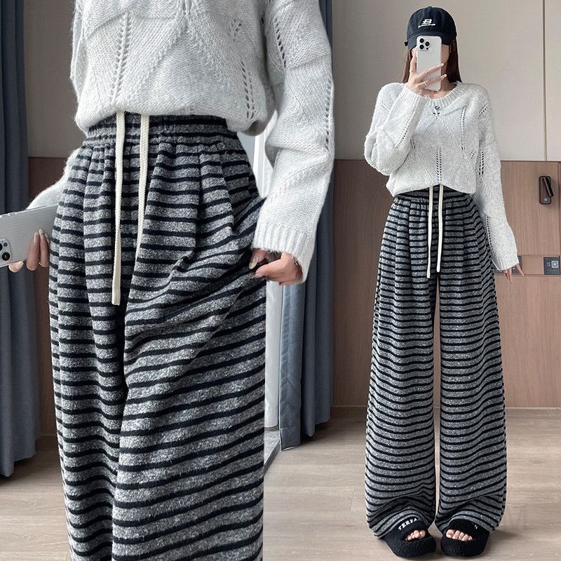 여성 하이웨이스트 와이드팬츠 가을 스트라이프 드레이프 스타일 편안한 캐주얼 바지 트렌디한 데일리룩 스트레이트 핏 외출용 - 상품 이미지