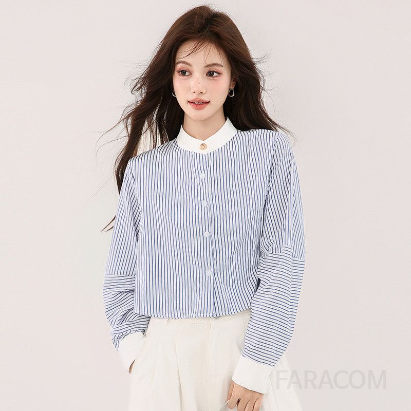 여성 스트라이프 긴팔셔츠 가을 데일리 캐주얼 스타일 라운드넥 프랑스 감성 상의 시원한 착용감 편안한 외출용 - 상세 이미지 2