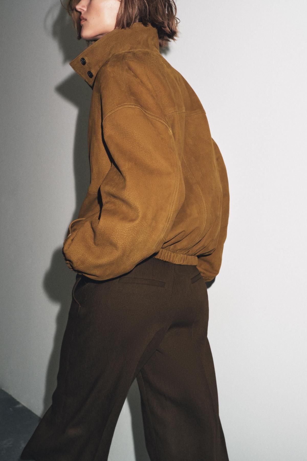 자라 하이넥 카멜 레더 봄버 자켓 5761/242 KHAKI - 상세 이미지 4
