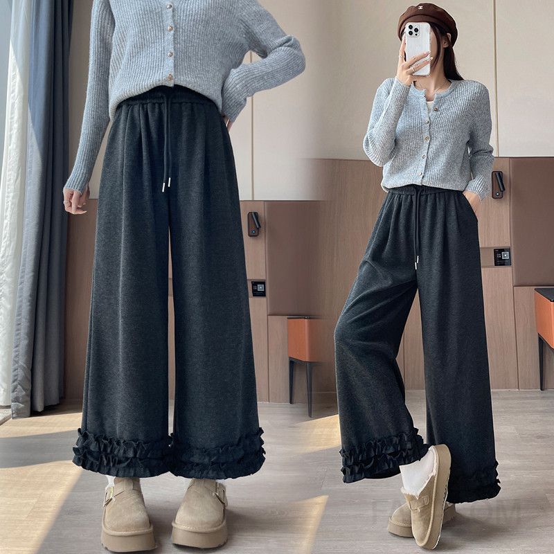 여성 하이웨이스트 슬림 와이드팬츠 레이스 스티칭 탄성 허리 캐주얼바지 여름 착용감 편안한 데일리 스타일 모던한 디자인 - 상세 이미지 3