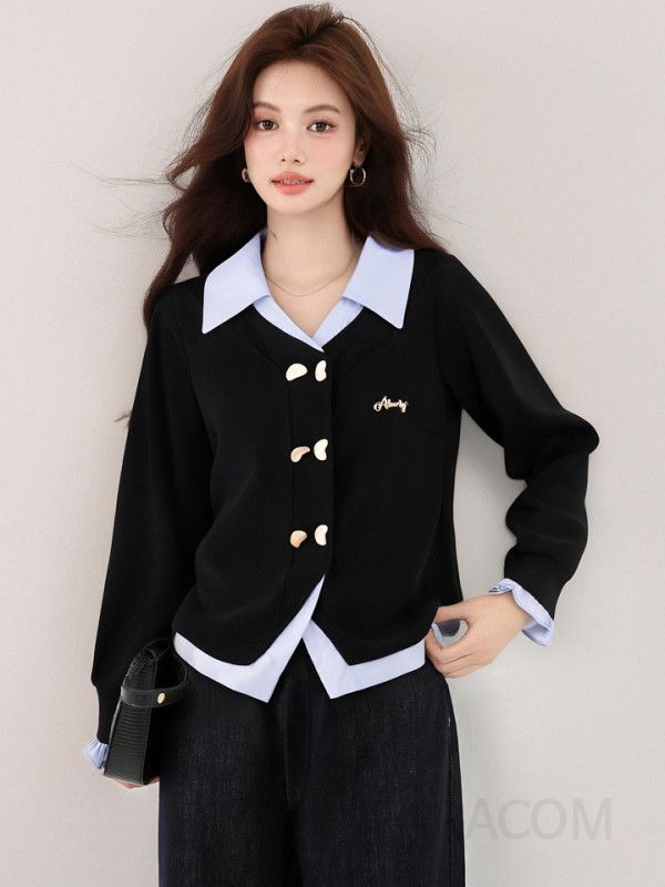 루즈핏 긴팔 가디건 여성용 컬리지 스타일 대비 컬러 가을 간절기용 데일리 캐주얼 자켓 세트 스타일리시한 코디 아이템 - 상세 이미지 5