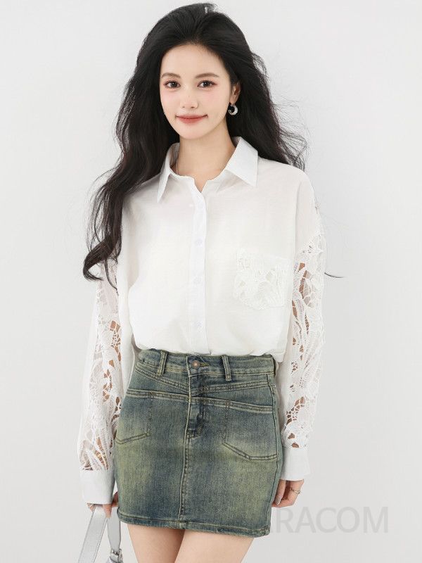 레이스 패치워크 루즈핏 라운드넥 여성 가을 블라우스 빈티지 스타일 긴팔 셔츠 여성스러운 디자인 하객룩 코디 이상적인 데일리웨어 - 상세 이미지 3
