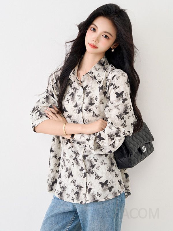 여성 쉬폰 루즈핏 블라우스 가을 긴팔 나비프린트 빈티지 디자인 캐주얼 스타일 데일리 착용감 편안한 외출용 셔츠 - 상세 이미지 3
