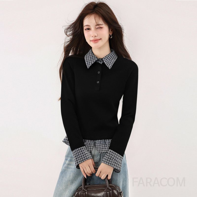 여성 긴팔 티셔츠 슬림핏 레트로 스타일 가짜 투피스 디자인 캐주얼 폴로넥 이중 레이어드 효과 가을 패션 데일리룩 - 메인 이미지