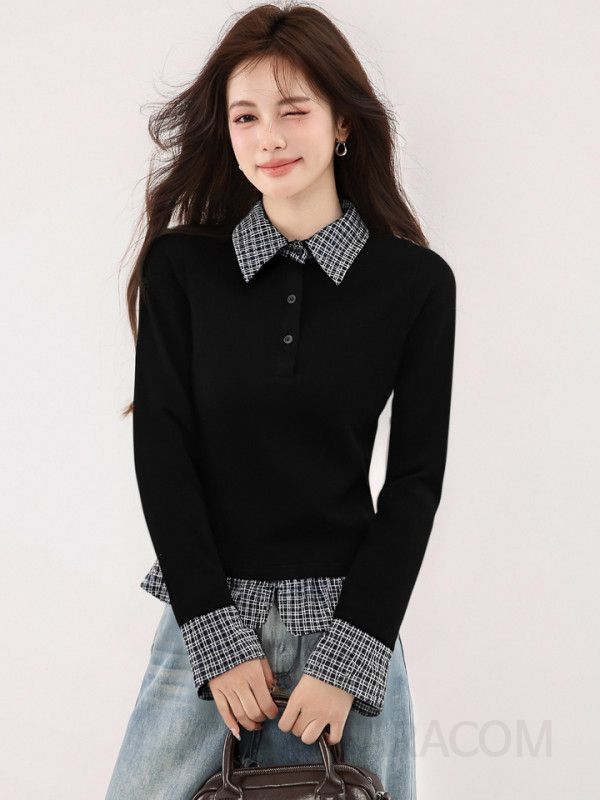 여성 긴팔 티셔츠 슬림핏 레트로 스타일 가짜 투피스 디자인 캐주얼 폴로넥 이중 레이어드 효과 가을 패션 데일리룩 - 상세 이미지 2