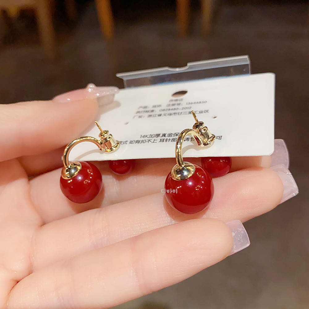 14K 더블 레드볼 투웨이귀걸이 빨간 진주 이어링 - 상세 이미지 2