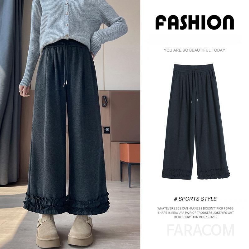 여성 하이웨이스트 슬림 와이드팬츠 레이스 스티칭 탄성 허리 캐주얼바지 여름 착용감 편안한 데일리 스타일 모던한 디자인 - 상세 이미지 2