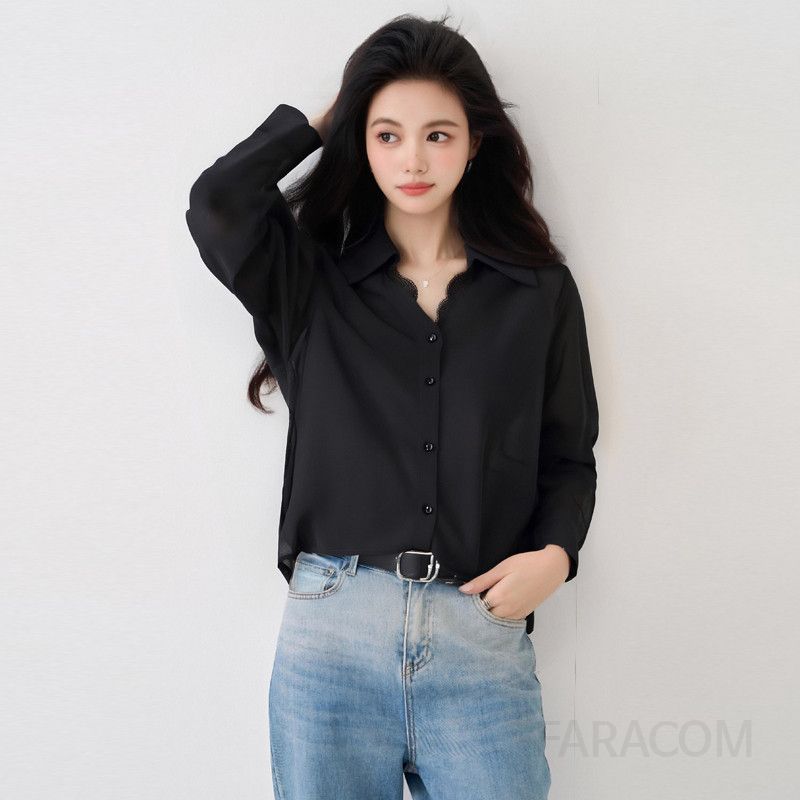 우아한 블랙 레이스 스티칭 여성용 루즈핏 긴팔 블라우스 가을 데일리 라운드넥 스타일 캐주얼한 착용감 고급스러운 레트로 디자인