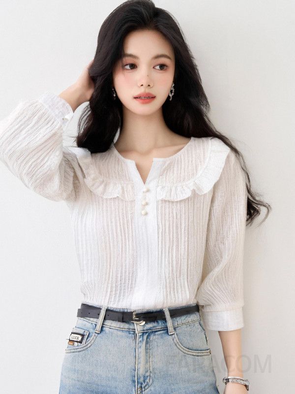 화이트 러플 긴팔 블라우스 여성 가을용 루즈핏 고급스러운 데일리 스타일링 쉬운 우아한 디자인 하객룩 코디 - 상세 이미지 3