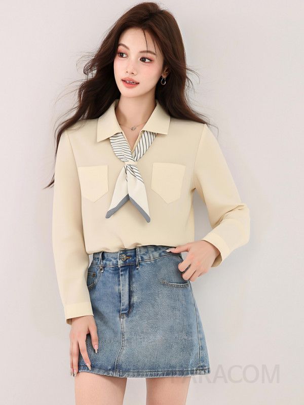 여성 긴팔 셔츠 가을 데일리 나비넥타이 블라우스 캐주얼 스타일 편안한 착용감 모던한 살구색 디자인 트렌디한 코디 아이템 - 상세 이미지 3