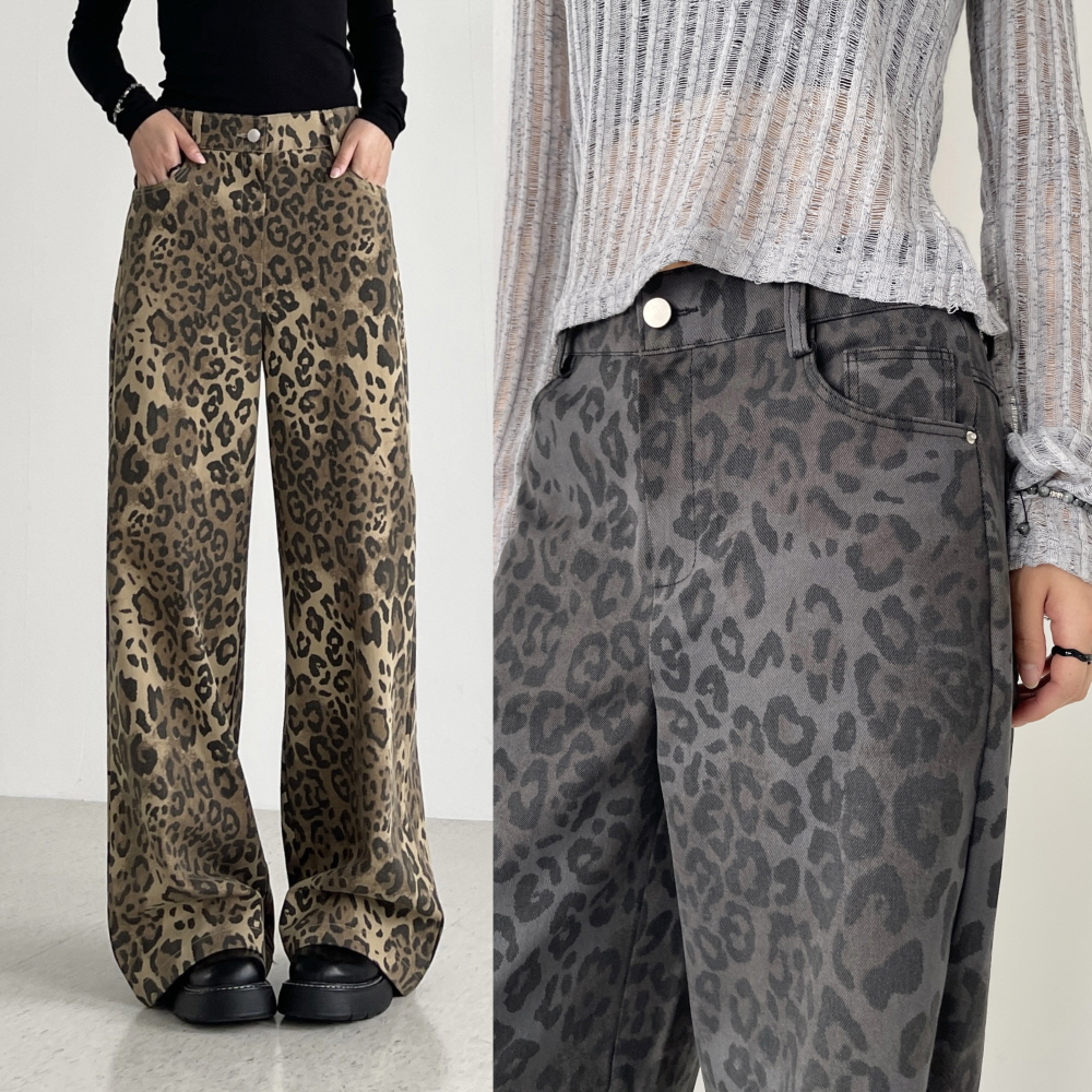 호피바지 레오파트 여성 와이드팬츠 브라운 카키 가을 면 코튼 여 통바지 모브레오팬츠