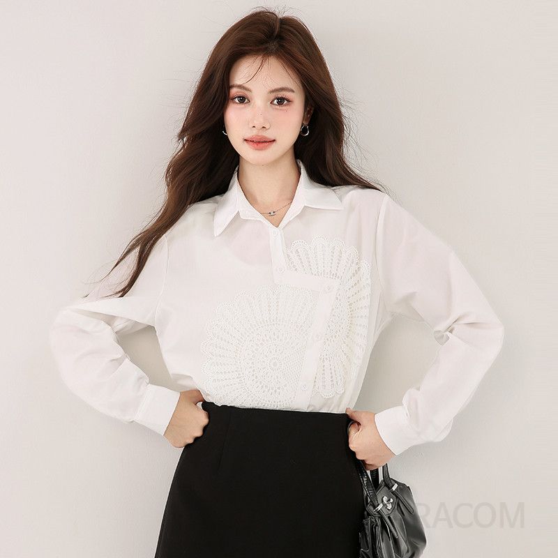 레이스 플라워 패턴 루즈핏 여성 가을 블라우스 캐주얼 스타일 불규칙한 디자인 출퇴근용 편안한 착용감 시크한 매력 - 상세 이미지 4