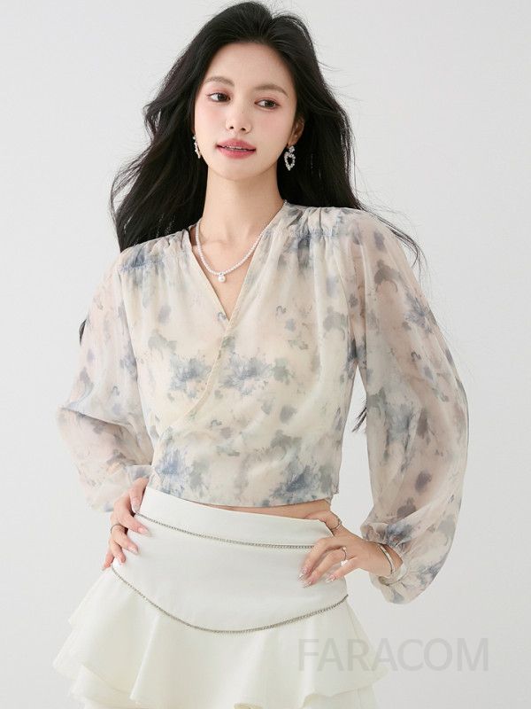 브이넥 쉬폰 블라우스 가을 여성용 프린트 셔츠 타이 허리 포인트 랜턴 슬리브 스타일리시한 캐주얼룩 데일리 착용감 편안한 디자인 - 상세 이미지 5