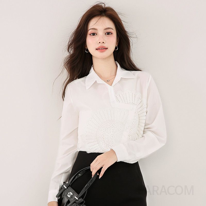 레이스 플라워 패턴 루즈핏 여성 가을 블라우스 캐주얼 스타일 불규칙한 디자인 출퇴근용 편안한 착용감 시크한 매력 - 상세 이미지 3