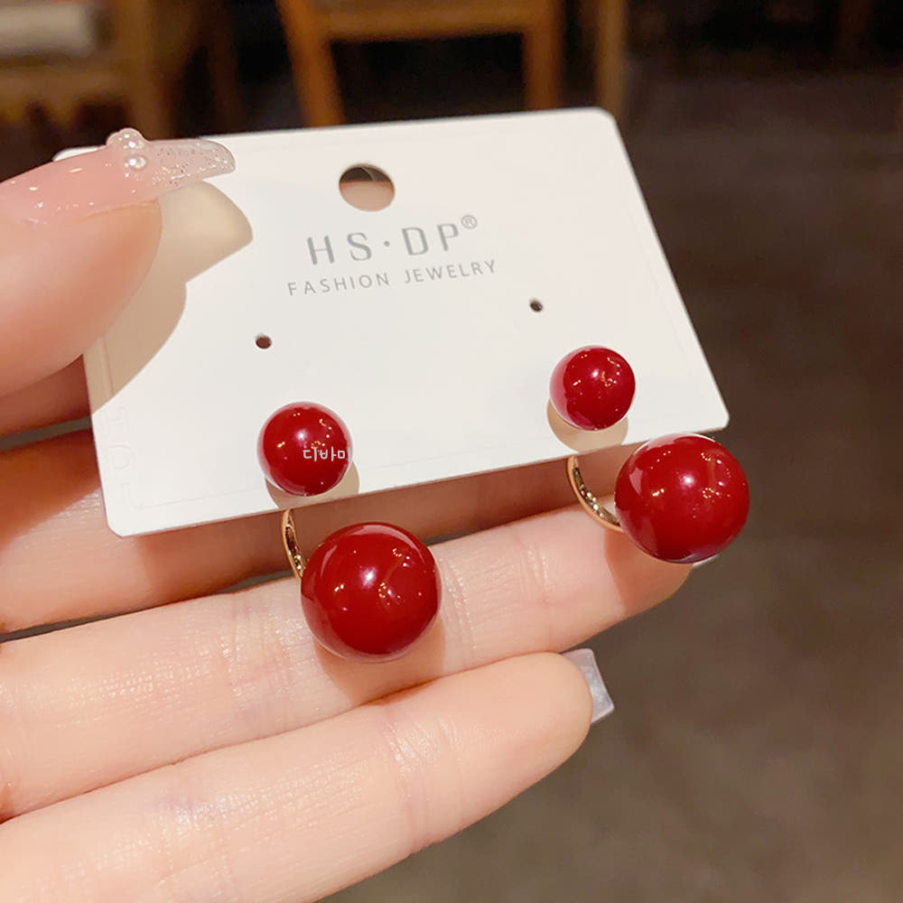14K 더블 레드볼 투웨이귀걸이 빨간 진주 이어링 - 상세 이미지 4