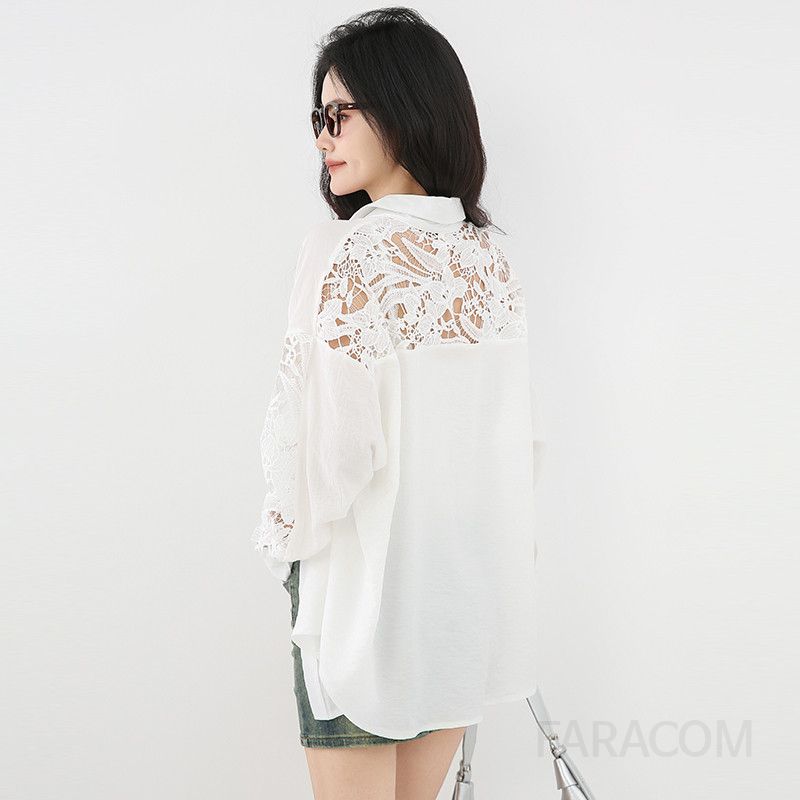 레이스 패치워크 루즈핏 라운드넥 여성 가을 블라우스 빈티지 스타일 긴팔 셔츠 여성스러운 디자인 하객룩 코디 이상적인 데일리웨어