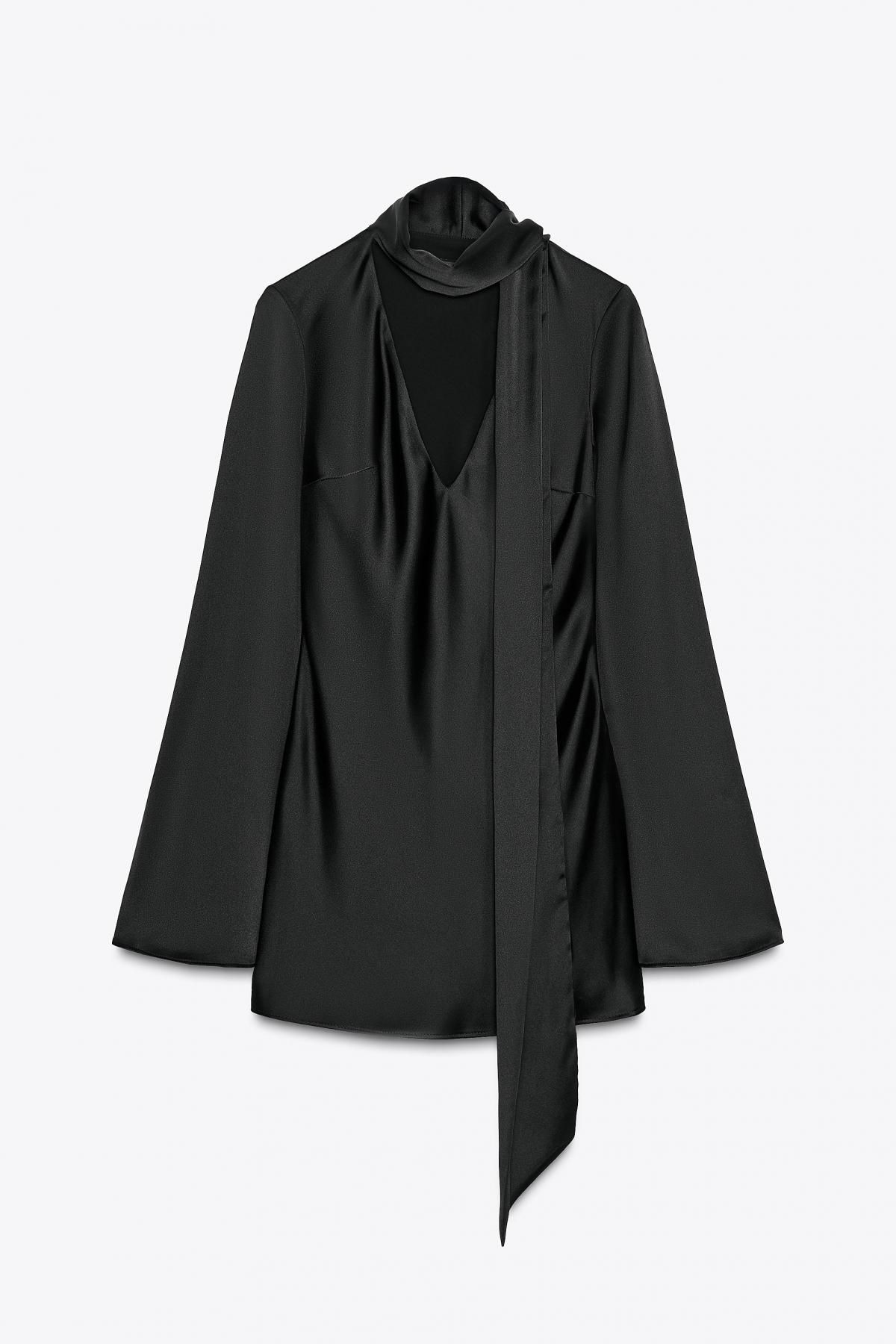 자라 새틴 브이넥 스카프 미니 원피스 9234/331 BLACK - 메인 이미지