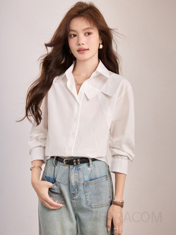 여성 코튼 긴팔 셔츠 화이트 캐주얼 오버핏 가을용 구김없는 디자인 데일리 착용감 편안한 스타일 - 상세 이미지 4