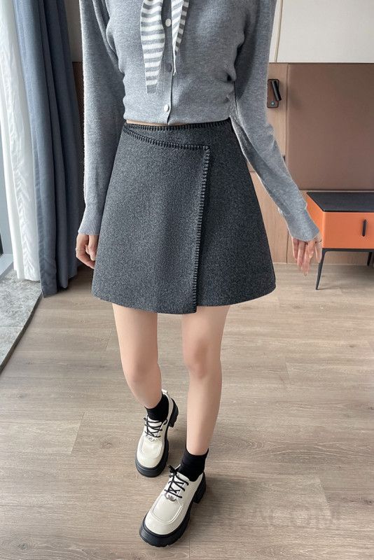울 A라인 스커트 여성 가을 감각적인 디자인 스플라이싱 스타일 모직 소재로 따뜻한 착용감 데일리 패션 미니 - 상세 이미지 5