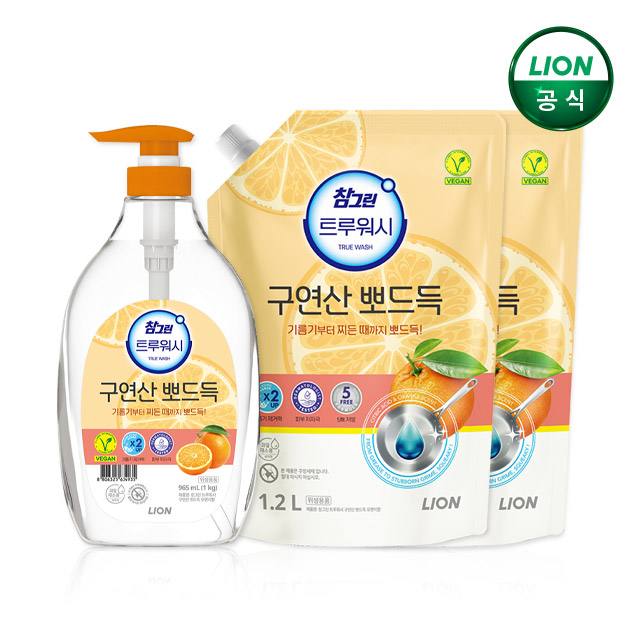 참그린 트루워시 구연산뽀드득 오렌지향 주방세제 1kg 본품+1.2L 리필x2개 - 상품 이미지