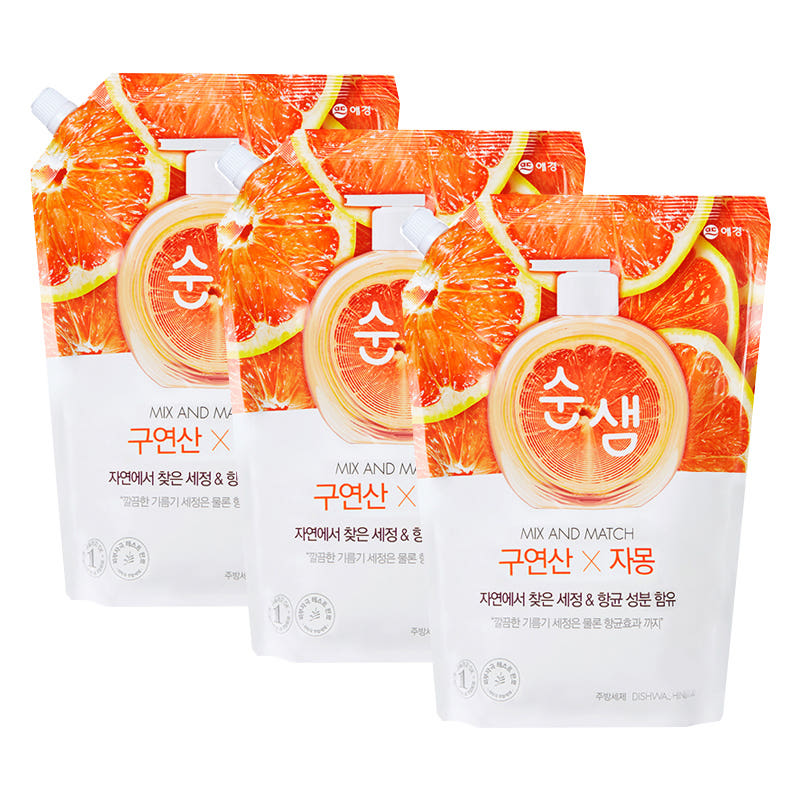 애경 순샘 구연산 자몽 1종 주방세제 1.2L 리필 X3개