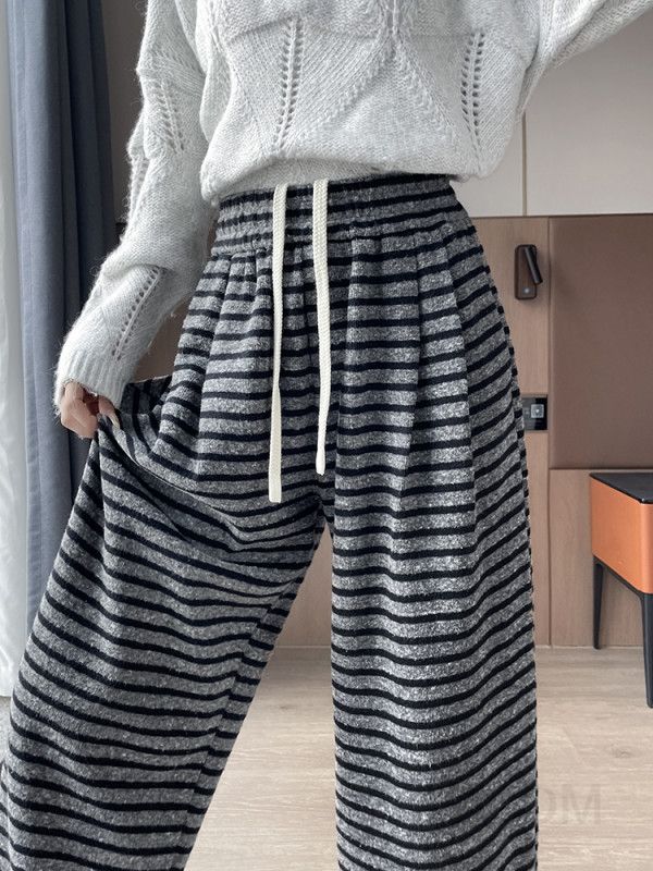 여성 하이웨이스트 와이드팬츠 가을 스트라이프 드레이프 스타일 편안한 캐주얼 바지 트렌디한 데일리룩 스트레이트 핏 외출용 - 상세 이미지 3