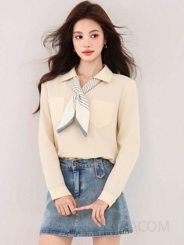 여성 긴팔 셔츠 가을 데일리 나비넥타이 블라우스 캐주얼 스타일 편안한 착용감 모던한 살구색 디자인 트렌디한 코디 아이템 - 상세 이미지 4