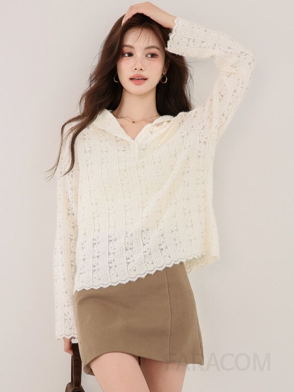 레이스 후드 긴팔 니트 여성 티셔츠 가을 신상 스타일리시한 데일리웨어 캐주얼한 디자인 레이어드 가능 편안한 착용감 모던한 외출용 - 상세 이미지 5