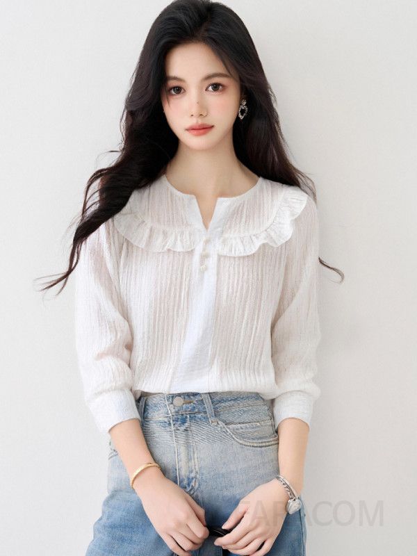 화이트 러플 긴팔 블라우스 여성 가을용 루즈핏 고급스러운 데일리 스타일링 쉬운 우아한 디자인 하객룩 코디 - 상세 이미지 2