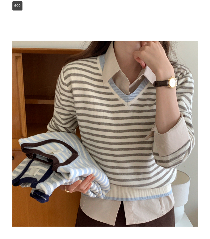 배색 스트라이프 브이넥 포근핏 니트 가을니트 가을 가을옷 nt5202