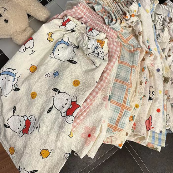 파자마 바지 잠옷 홈웨어 집에서 입는 여름 캐릭터 봄 체크 무늬 반바지 여자 시원한 밴딩 - 상품 이미지