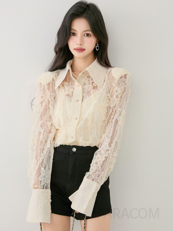 레이스 플레어 긴팔 셔츠 여성 가을용 루즈핏 블라우스 프렌치 스타일 시스루 디자인 고급스러운 데일리 착용감 편안한 - 상세 이미지 2