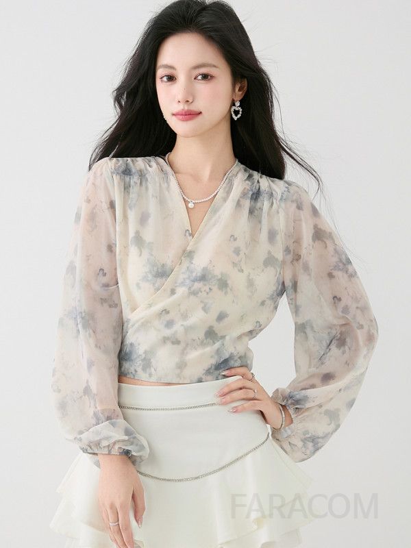 브이넥 쉬폰 블라우스 가을 여성용 프린트 셔츠 타이 허리 포인트 랜턴 슬리브 스타일리시한 캐주얼룩 데일리 착용감 편안한 디자인 - 상세 이미지 4