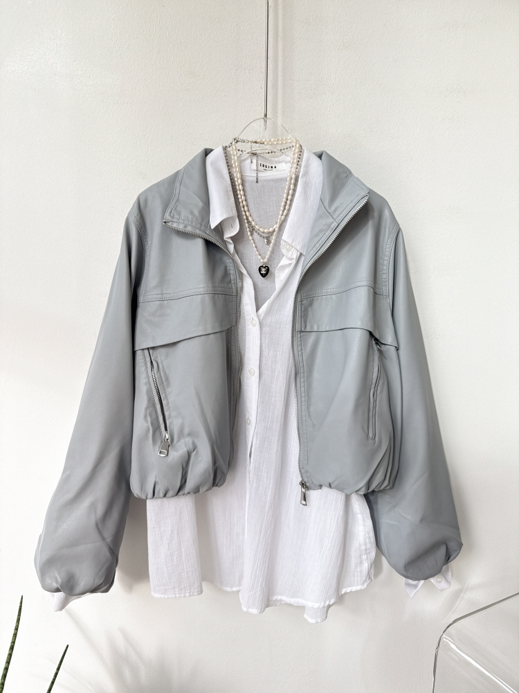 하이넥 포켓 지퍼 벌룬 집업 레더 자켓