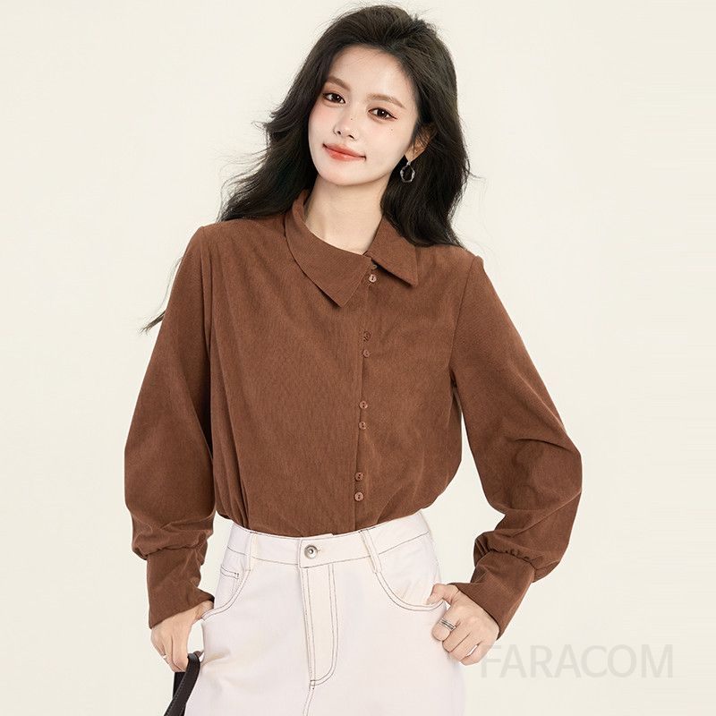 여성 코듀로이 긴팔 셔츠 레트로 스타일 가을 캐주얼 루즈핏 데일리 상의 편안한 착용감 불규칙 디자인 매력적인 외출용 - 상세 이미지 4