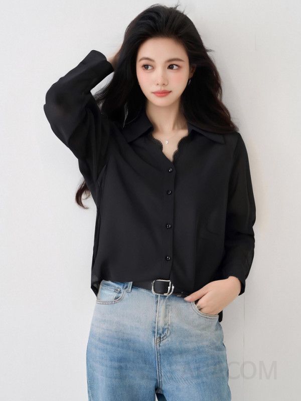 우아한 블랙 레이스 스티칭 여성용 루즈핏 긴팔 블라우스 가을 데일리 라운드넥 스타일 캐주얼한 착용감 고급스러운 레트로 디자인 - 상세 이미지 4