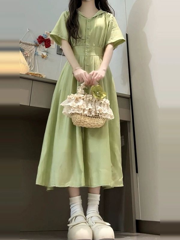 원피스 반팔 빅카라 롱원피스 여성 데일리 여름원피스 여성원피스 그린 55 60kg L - 상세 이미지 3